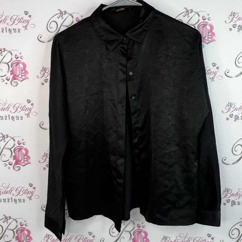 First class button up shiny collared top long sleeve Classic Black Shirt Jacket